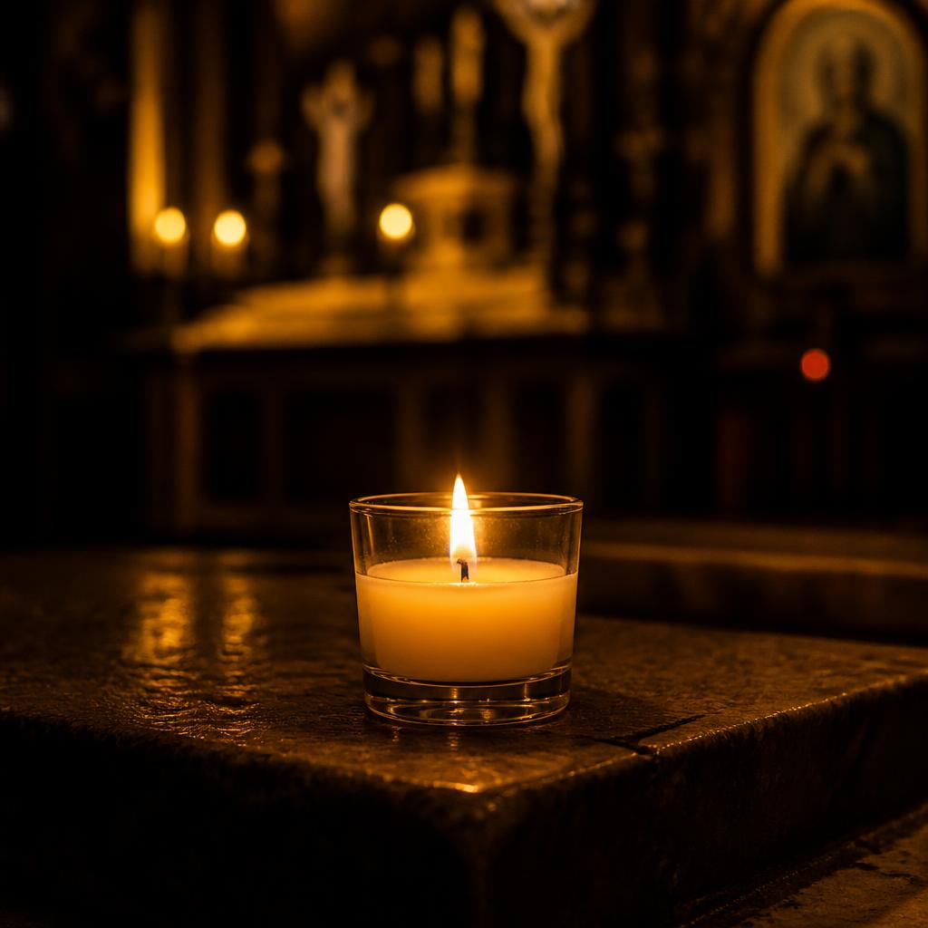 A single votive candle burning
