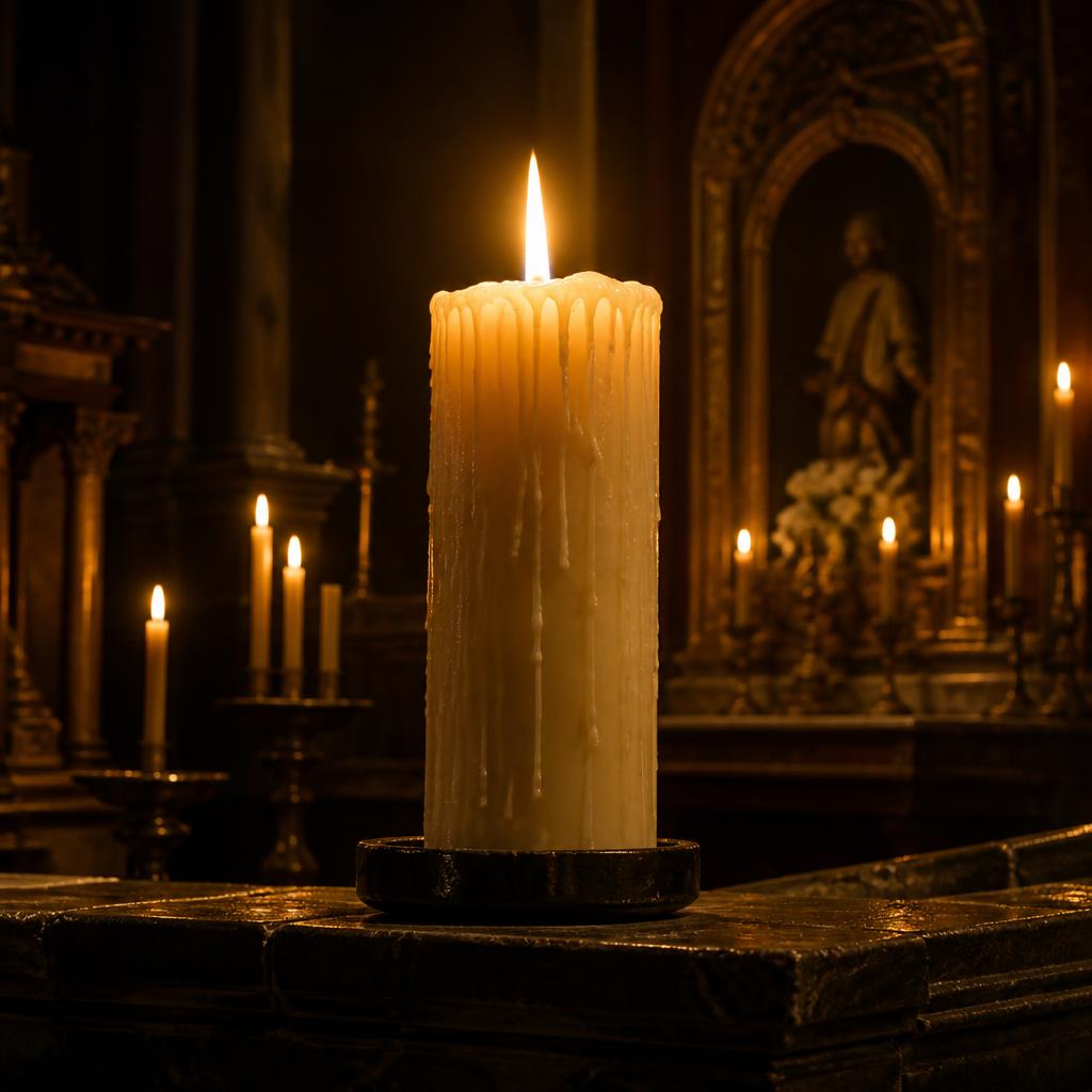 A thick pillar candle with wax drips