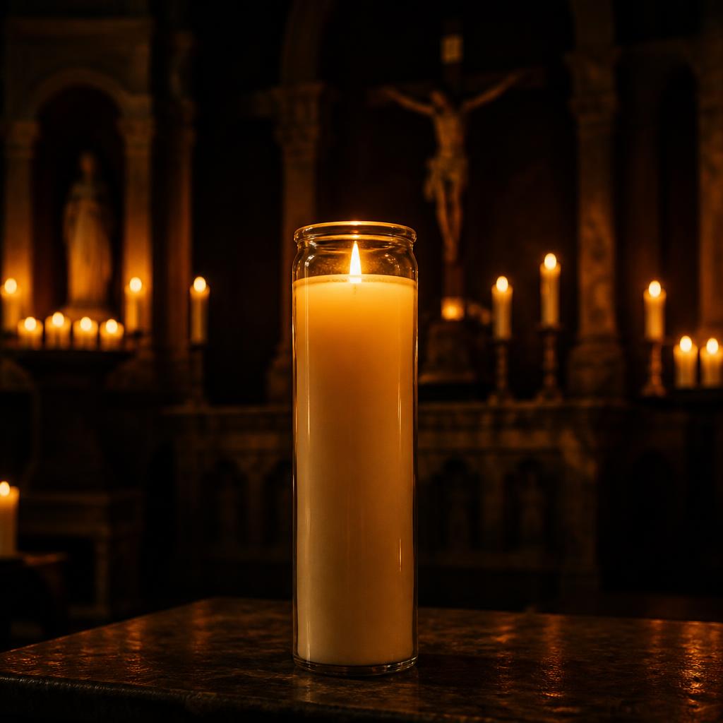 A glass novena candle glowing softly