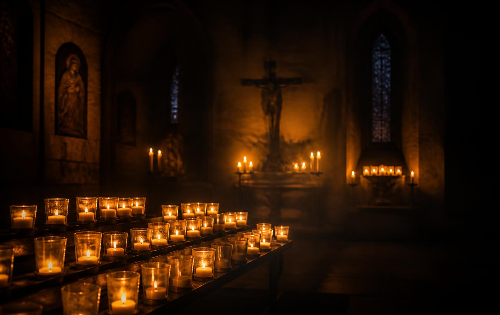 Rows of votive candles glowing in a quiet chapel